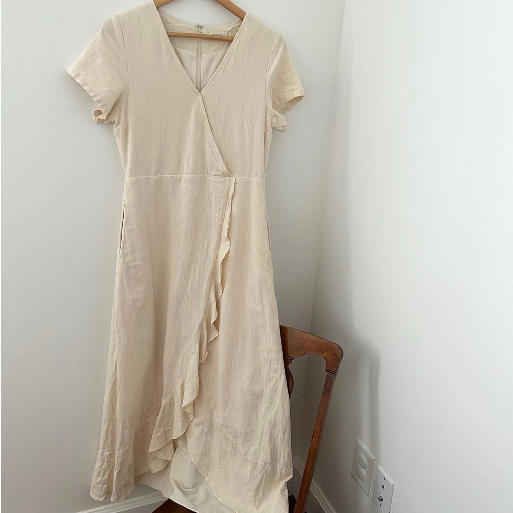 Cream Ruffled Faux Wrap Midi Dress Size M